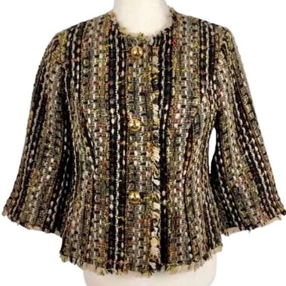CAbi Paris 3/4 Sleeve Tweed Blazer in Black/Brown/Gold Women’s M - Picture 2 of 9